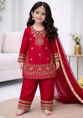 Red Embroidery Silk Palazzo Set For Girls