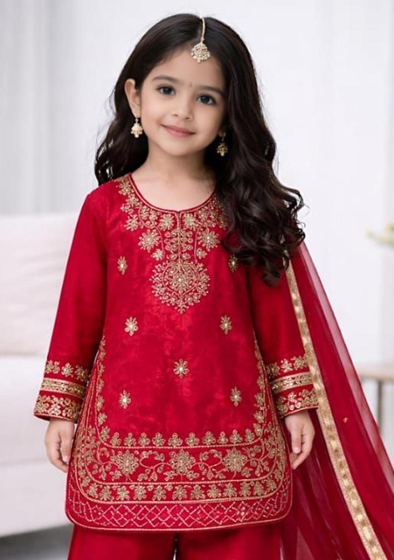 Red Embroidery Silk Palazzo Set For Girls - Indya