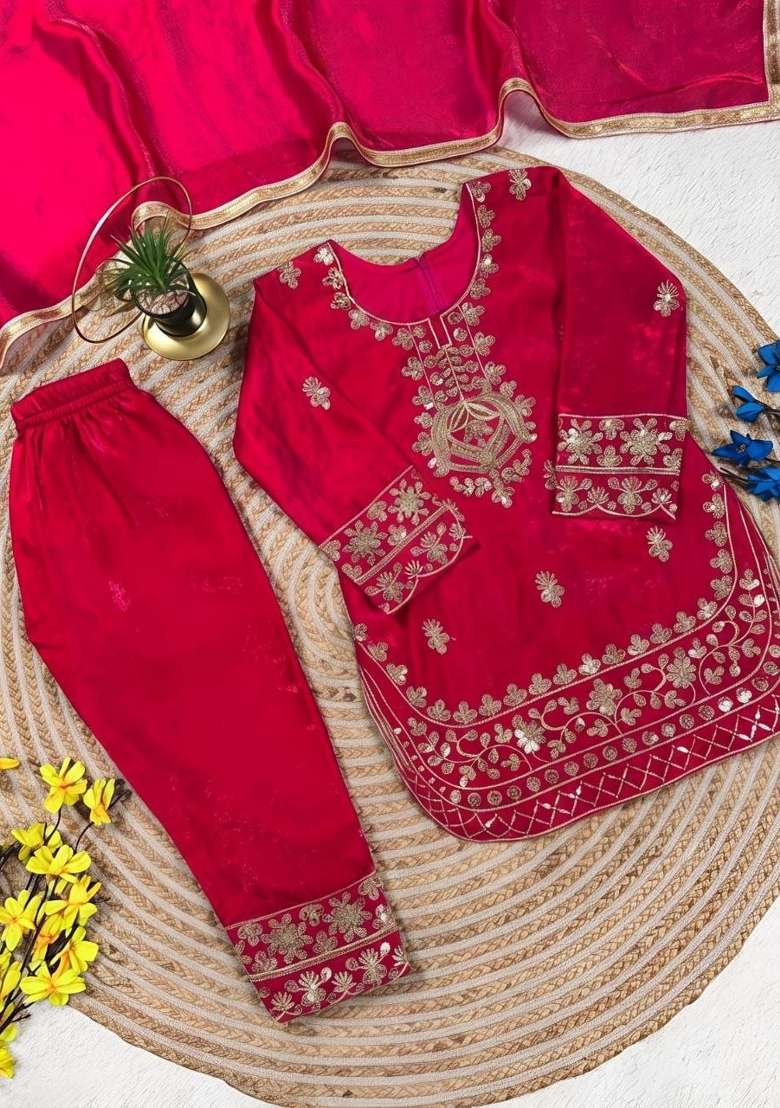 Red Embroidery Silk Palazzo Set For Girls - Indya