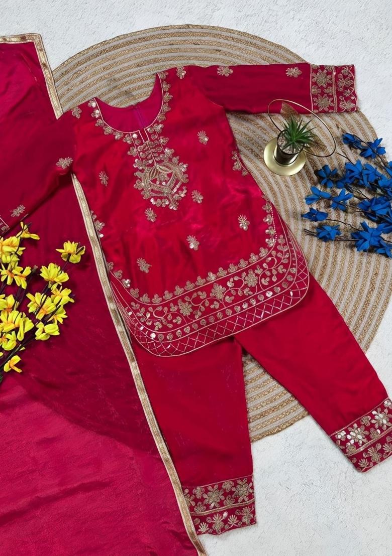 Red Embroidery Silk Palazzo Set For Girls - Indya