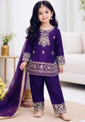Dark Purple Embroidery Silk Palazzo Set For Girls