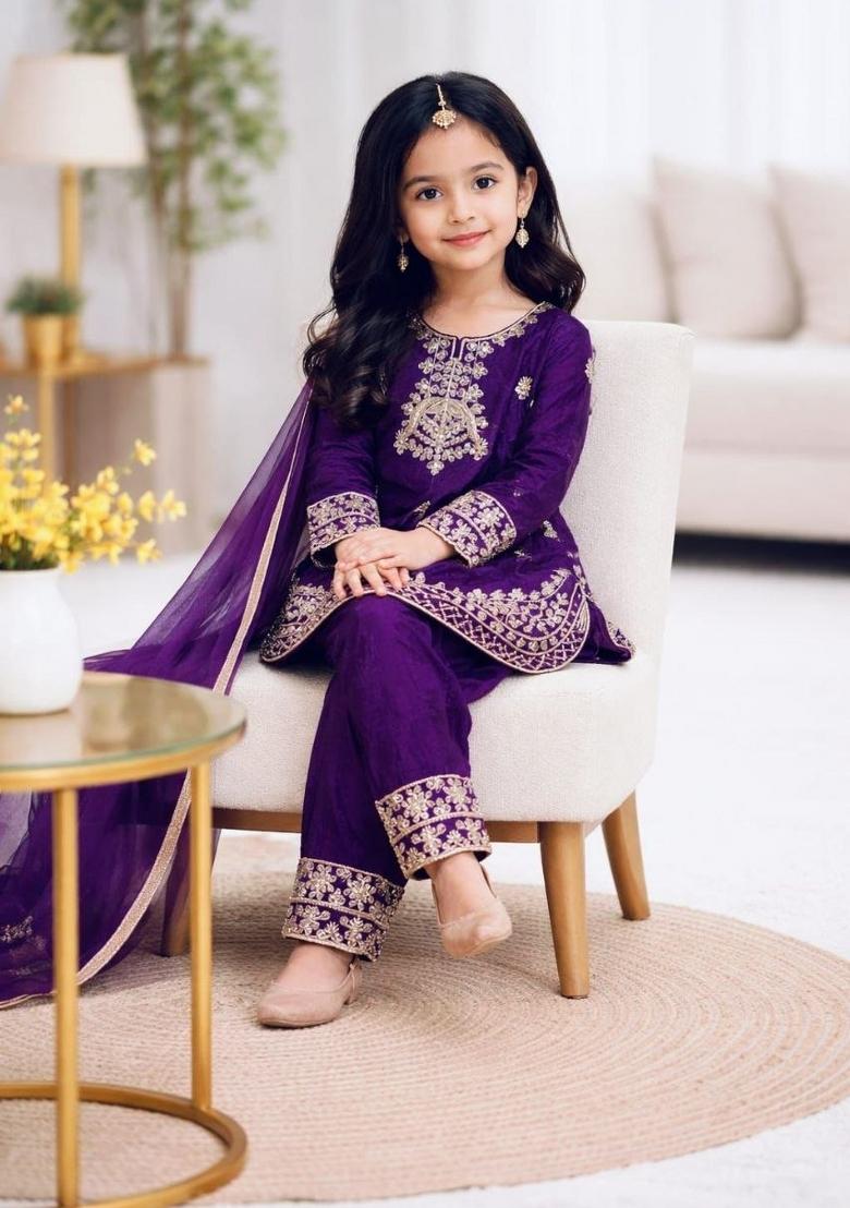Dark Purple Embroidery Silk Palazzo Set For Girls - Indya