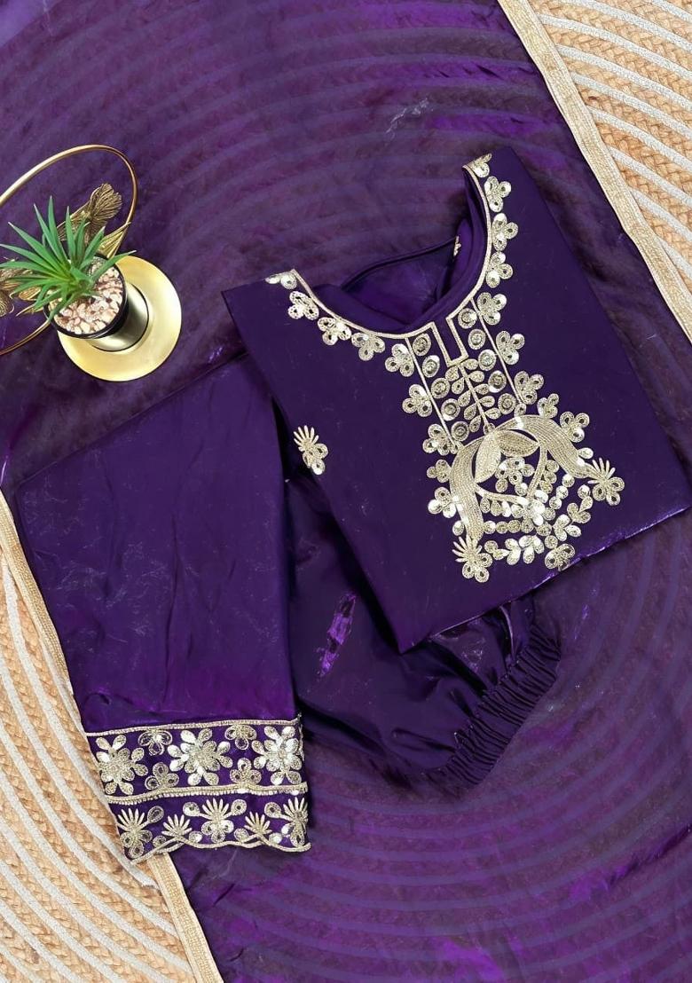 Dark Purple Embroidery Silk Palazzo Set For Girls - Indya