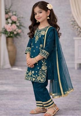 Peacock Teal Embroidery Silk Palazzo Set For Girls