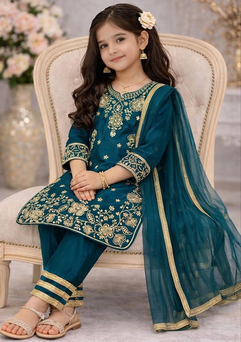 Peacock Teal Embroidery Silk Palazzo Set For Girls - Indya