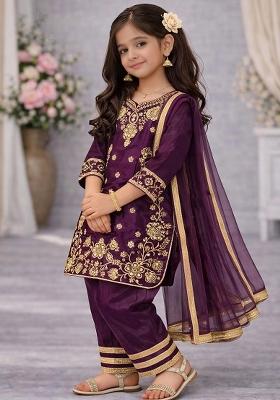 Dark Purple Embroidery Silk Palazzo Set For Girls