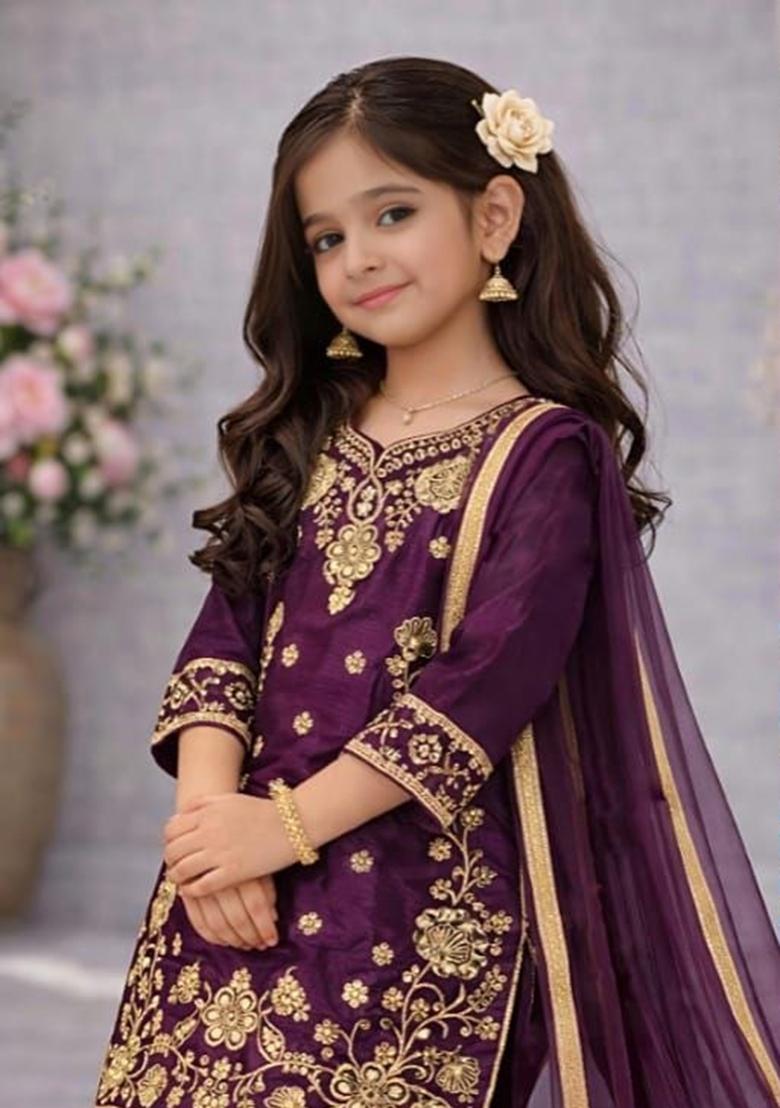 Dark Purple Embroidery Silk Palazzo Set For Girls - Indya