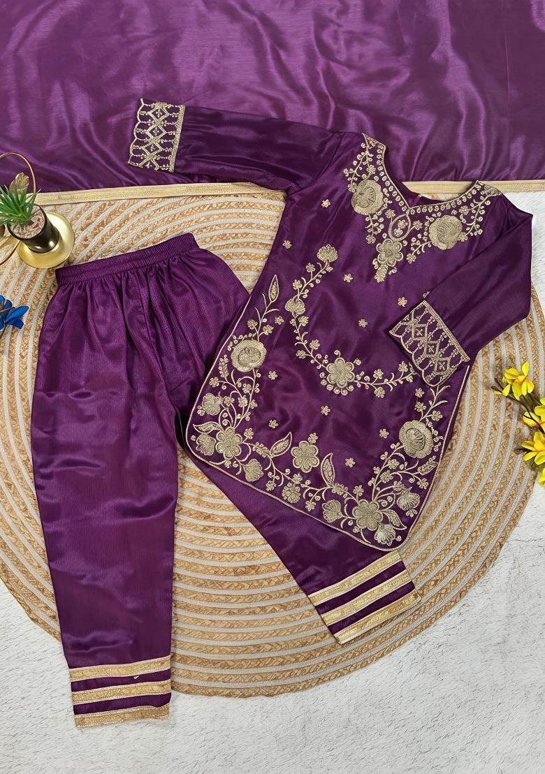 Dark Purple Embroidery Silk Palazzo Set For Girls - Indya