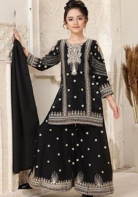 Black Embroidery Silk Palazzo Set For Girls