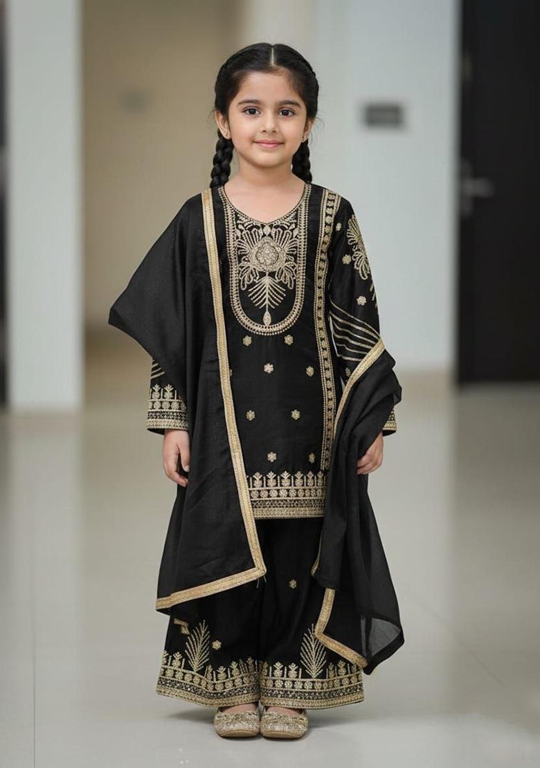 Black Embroidery Silk Palazzo Set For Girls - Indya
