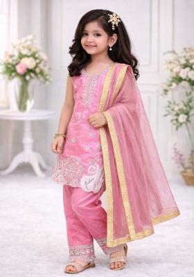 Light Pink Embroidery Silk Palazzo Set For Girls