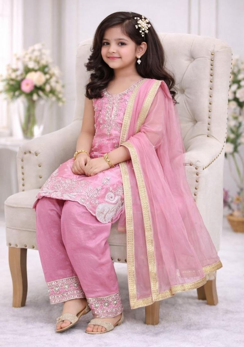 Light Pink Embroidery Silk Palazzo Set For Girls - Indya