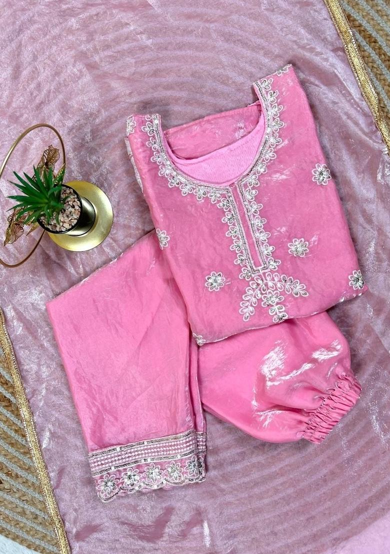 Light Pink Embroidery Silk Palazzo Set For Girls - Indya