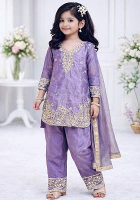 Light Purple Embroidery Silk Palazzo Set For Girls