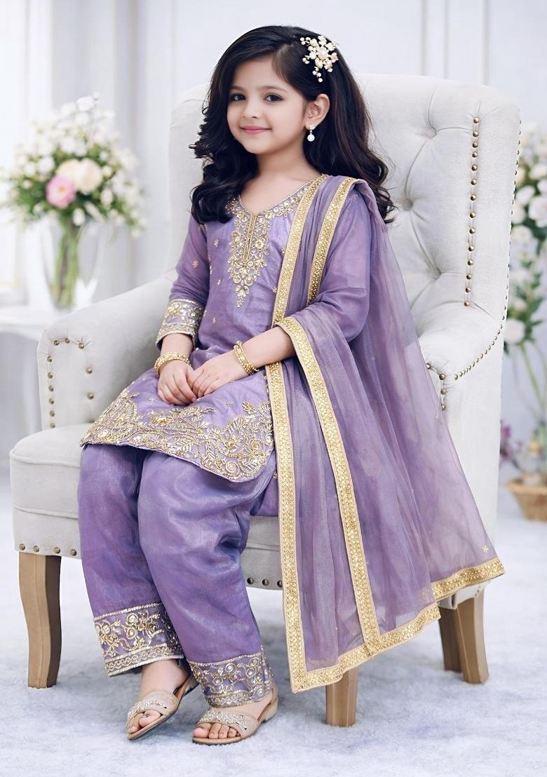 Light Purple Embroidery Silk Palazzo Set For Girls - Indya