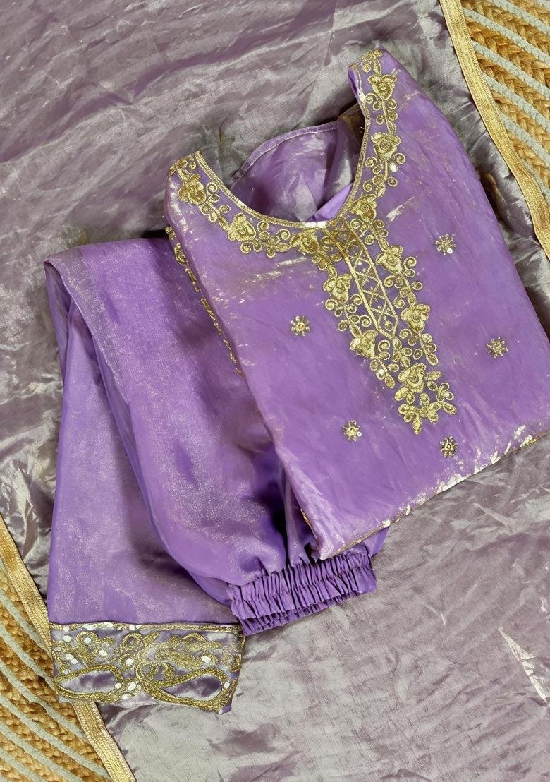 Light Purple Embroidery Silk Palazzo Set For Girls - Indya