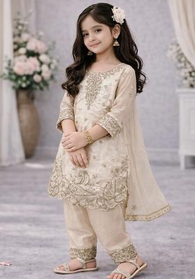 Cream Embroidery Silk Palazzo Set For Girls