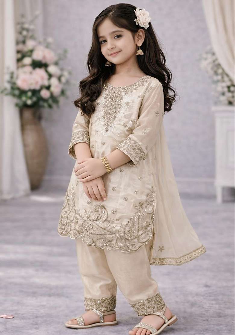 Cream Embroidery Silk Palazzo Set For Girls - Indya