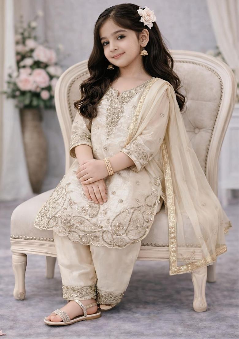 Cream Embroidery Silk Palazzo Set For Girls - Indya