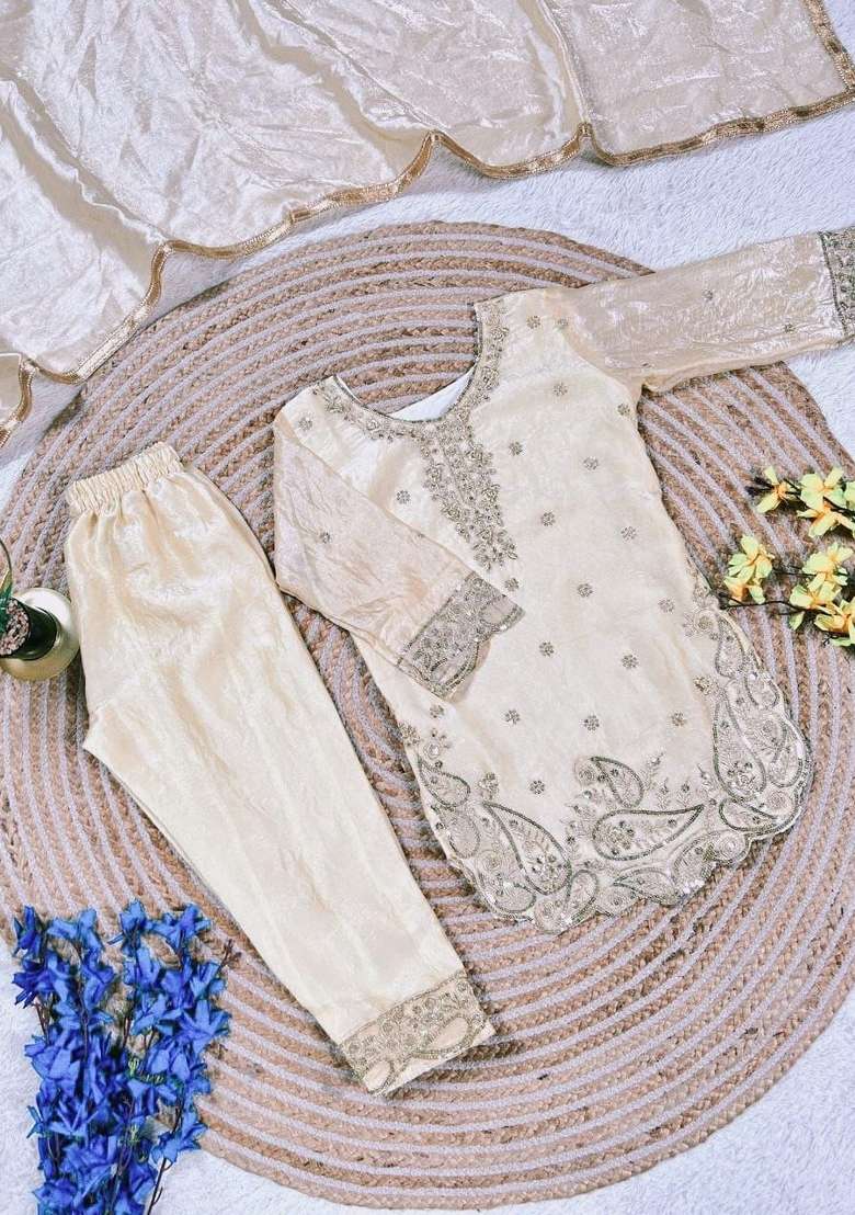 Cream Embroidery Silk Palazzo Set For Girls - Indya