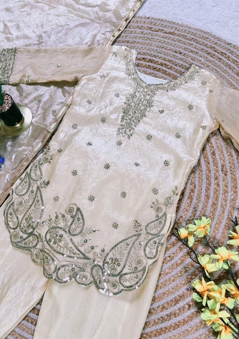 Cream Embroidery Silk Palazzo Set For Girls - Indya