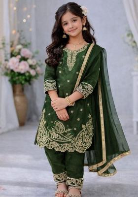 Dark Green Embroidery Silk Palazzo Set For Girls