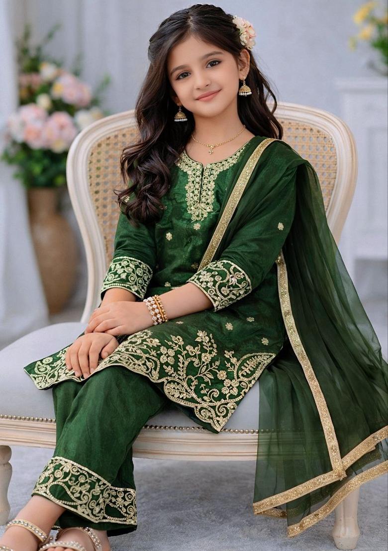 Dark Green Embroidery Silk Palazzo Set For Girls - Indya