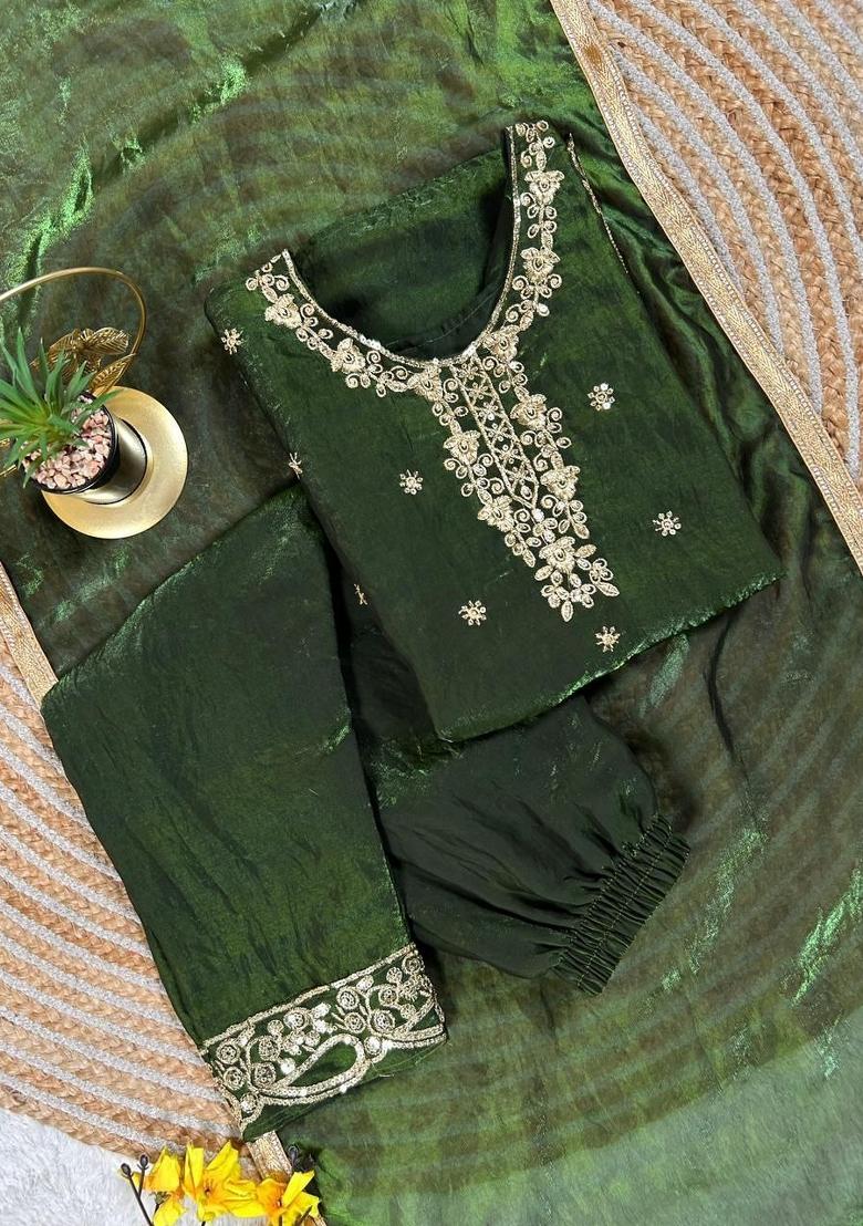 Dark Green Embroidery Silk Palazzo Set For Girls - Indya
