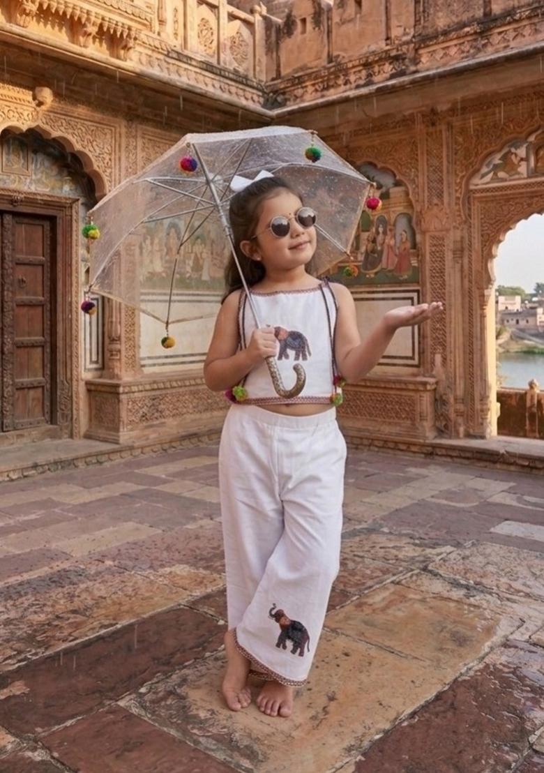 White Patches Cotton Co Ord Set For Girls - Indya