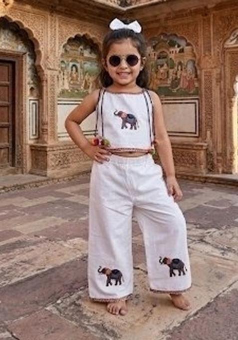 White Patches Cotton Co Ord Set For Girls