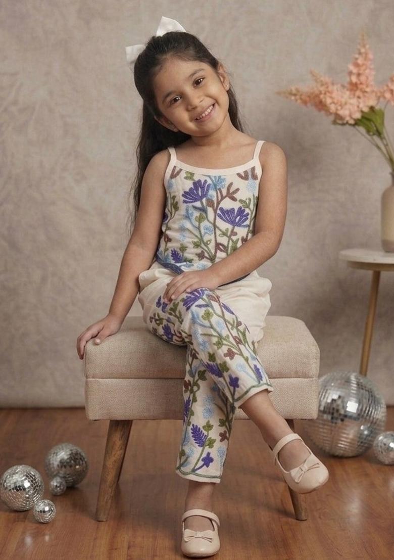 White Embroidery Cotton Co Ord Set For Girls - Indya