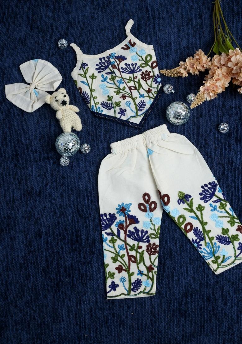 White Embroidery Cotton Co Ord Set For Girls - Indya