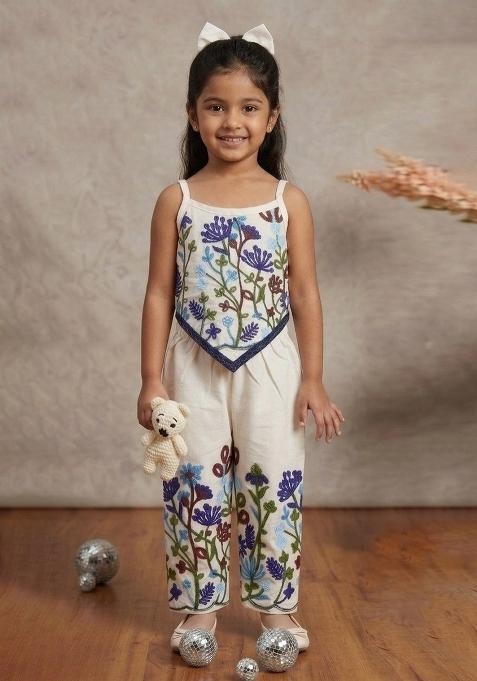 White Embroidery Cotton Co Ord Set For Girls