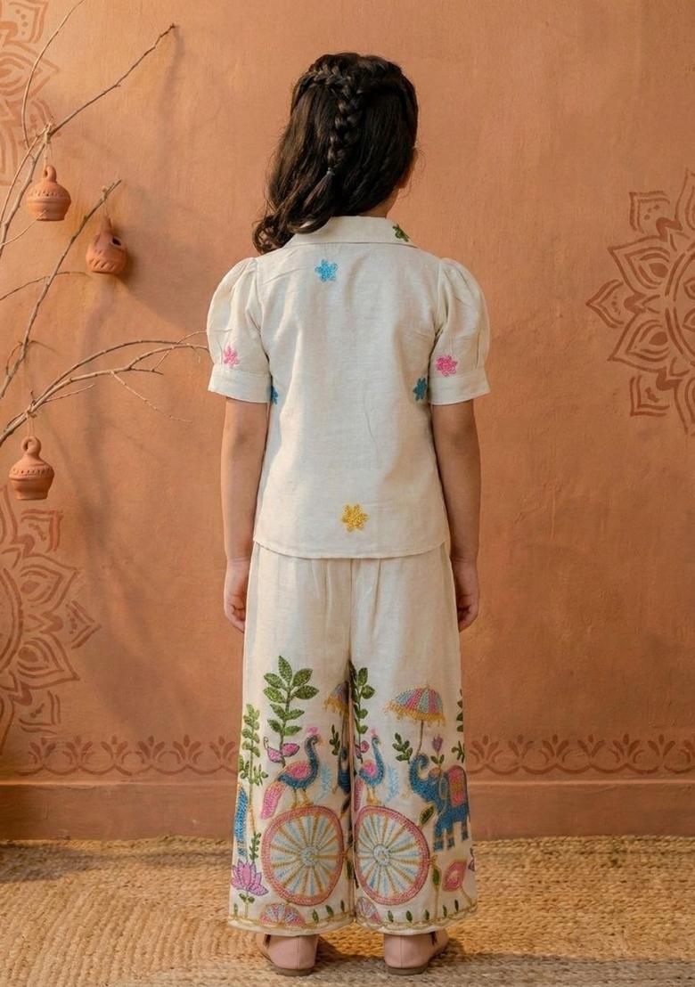 White Embroidery Cotton Co Ord Set For Girls - Indya