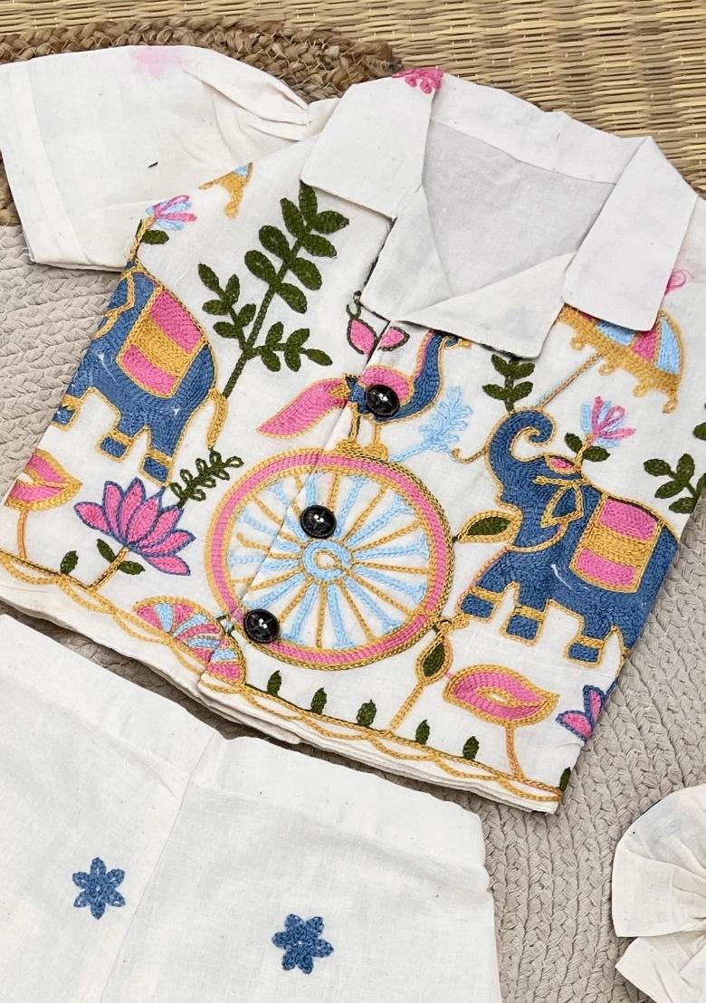 White Embroidery Cotton Co Ord Set For Girls - Indya