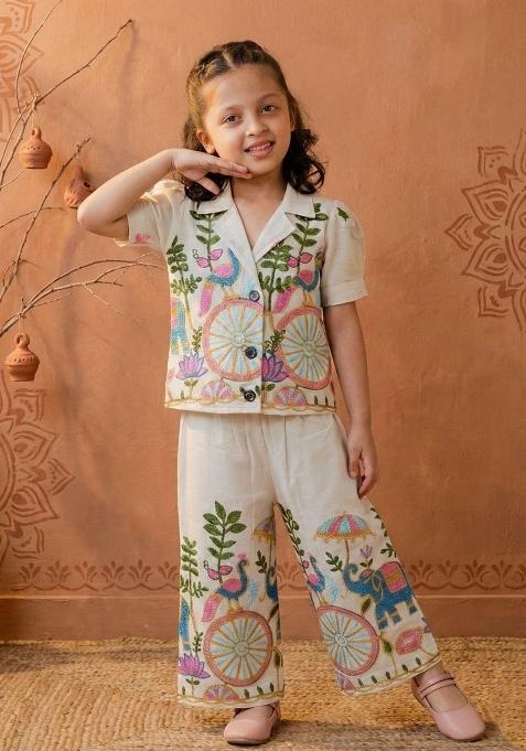 White Embroidery Cotton Co Ord Set For Girls