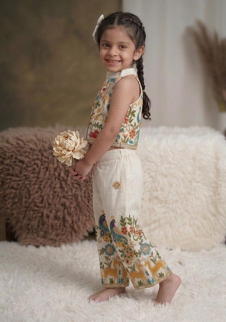Multicolor Embroidery Cotton Co Ord Set For Girls - Indya