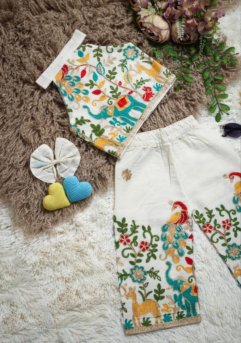 Multicolor Embroidery Cotton Co Ord Set For Girls - Indya