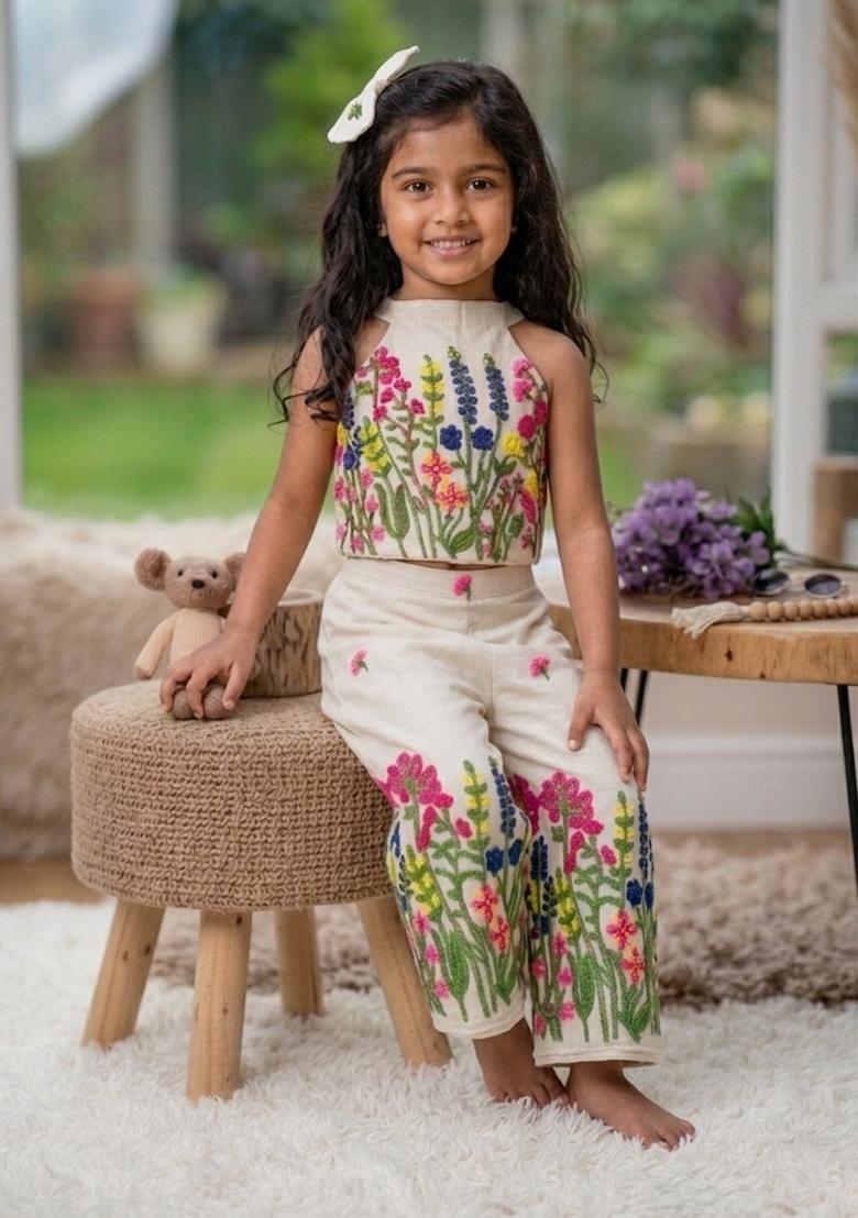 Multicolor Embroidery Cotton Co Ord Set For Girls - Indya