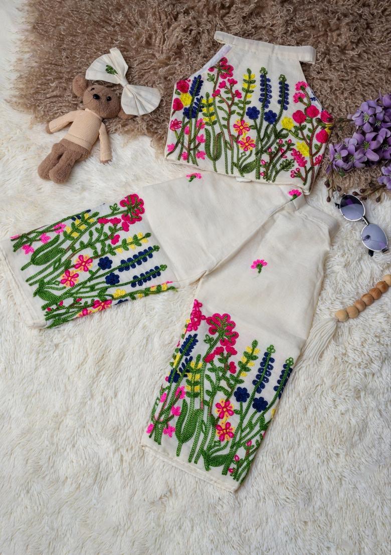 Multicolor Embroidery Cotton Co Ord Set For Girls - Indya