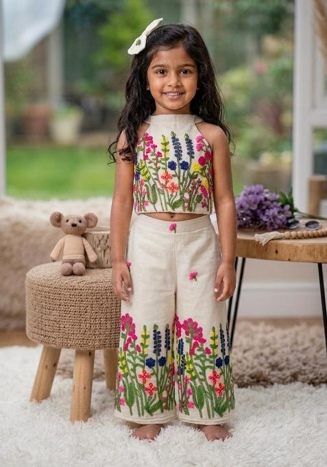 Multicolor Embroidery Cotton Co Ord Set For Girls
