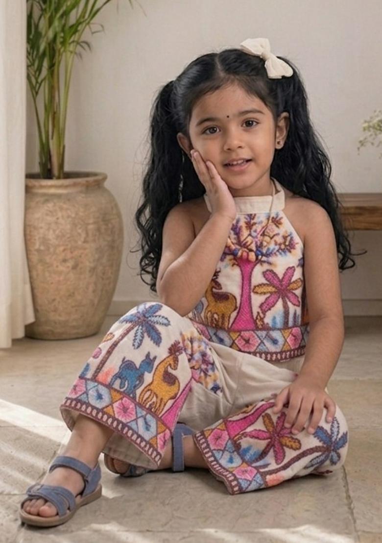 Multicolor Embroidery Cotton Co Ord Set For Girls - Indya