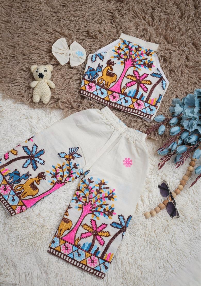 Multicolor Embroidery Cotton Co Ord Set For Girls - Indya