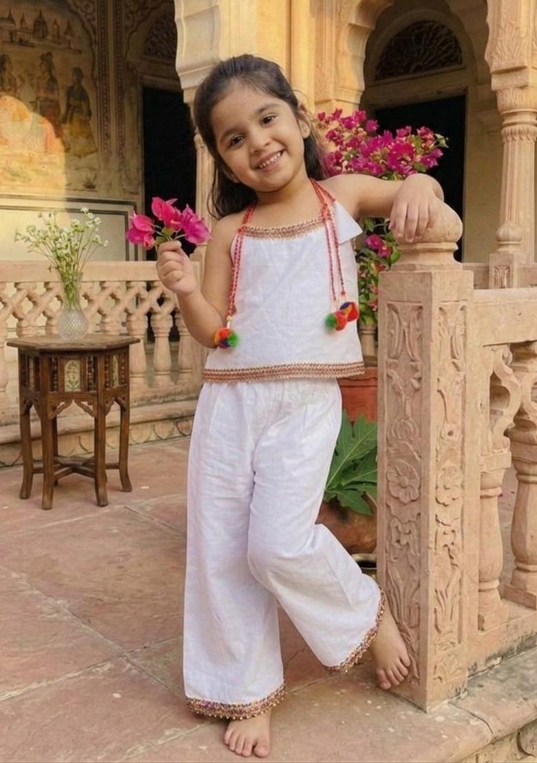 White Cotton Co Ord Set For Girls - Indya