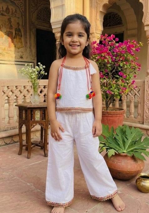 White Cotton Co Ord Set For Girls
