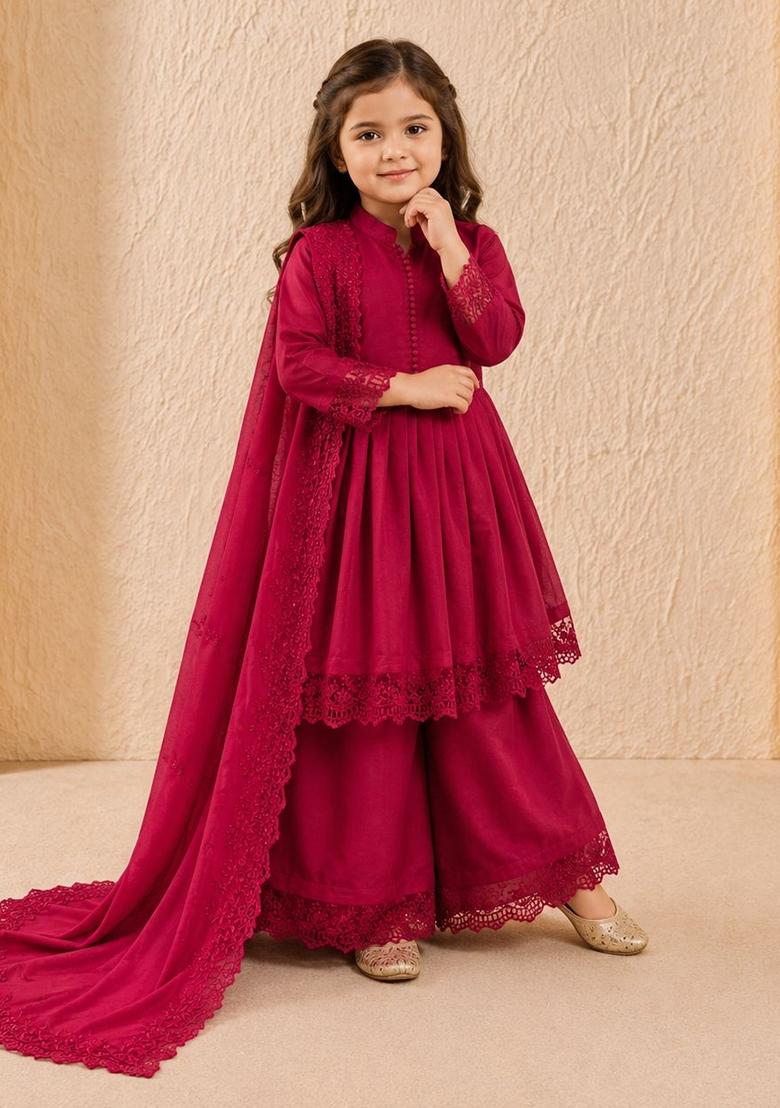 Red Embroidery Silk Gown Set For Girls - Indya