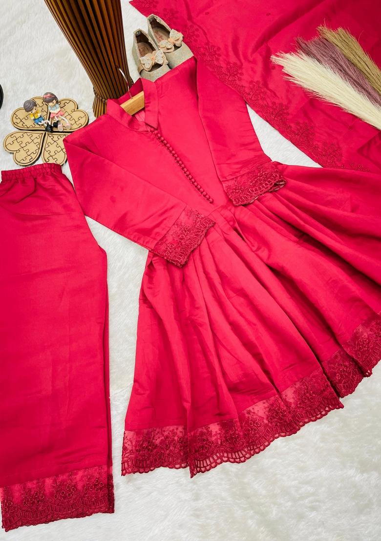 Red Embroidery Silk Gown Set For Girls - Indya