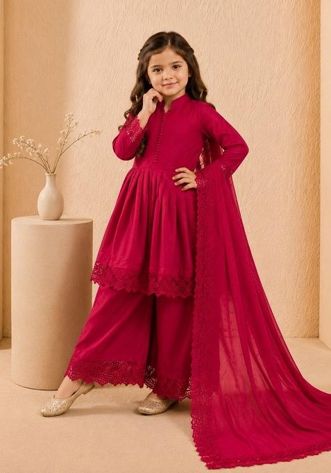 Red Embroidery Silk Gown Set For Girls