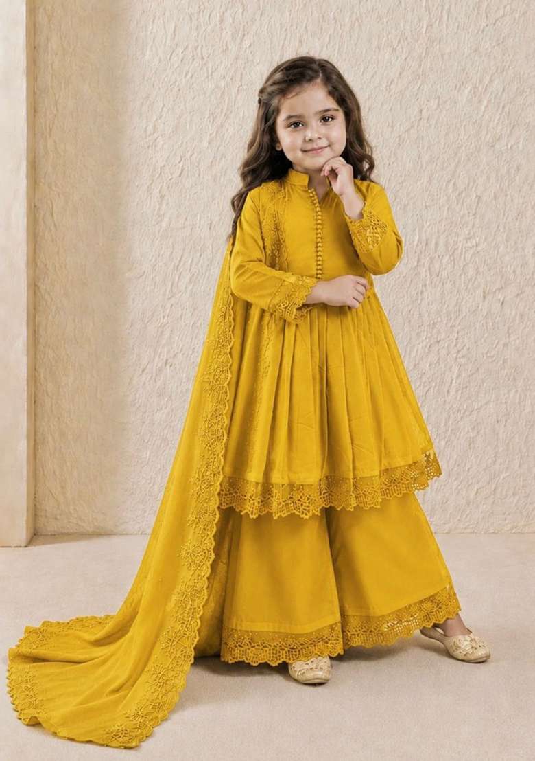 Yellow Embroidery Silk Gown Set For Girls - Indya