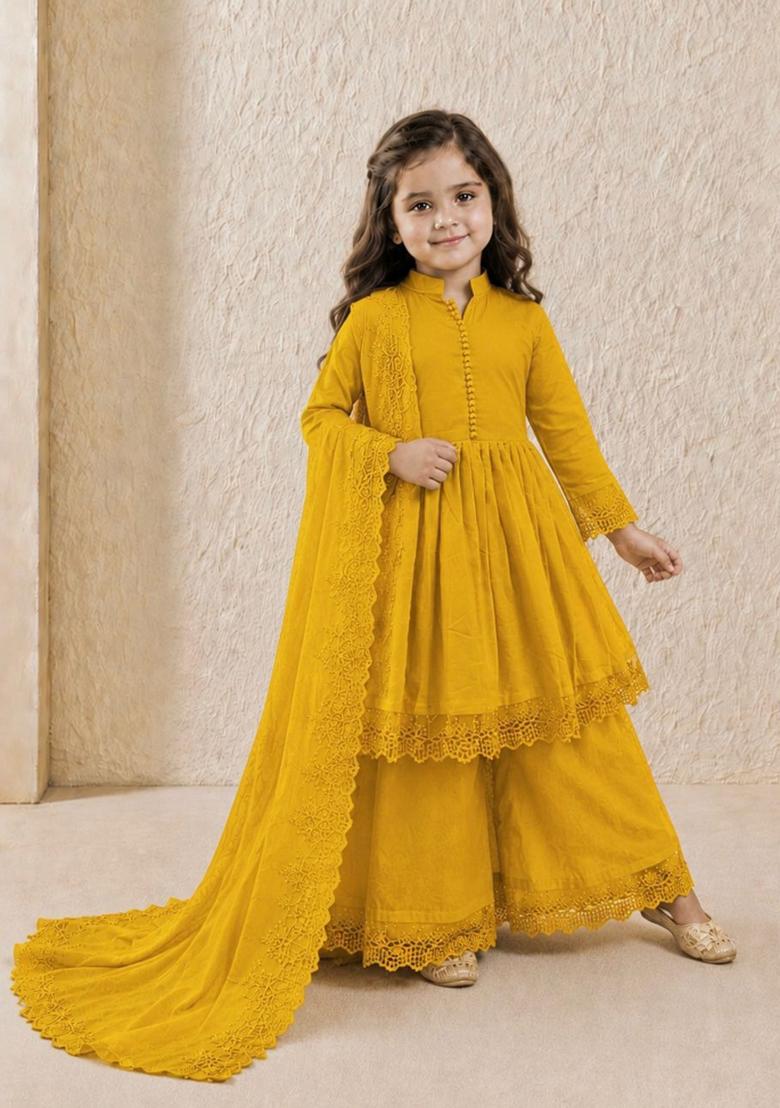 Yellow Embroidery Silk Gown Set For Girls - Indya